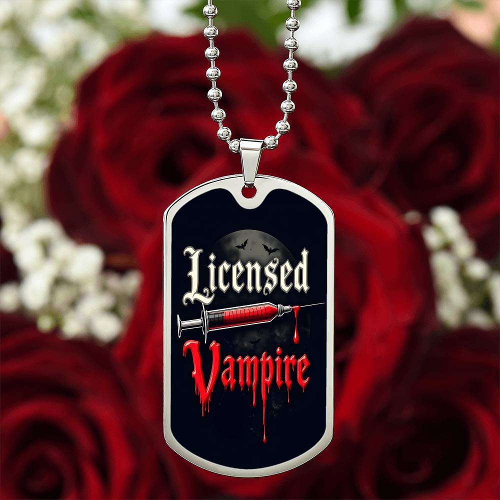 Licensed Vampire Phlebotomist Nurse Necklace Stainless Steel or 18k Gold Dog Tag 24"-Express Your Love Gifts