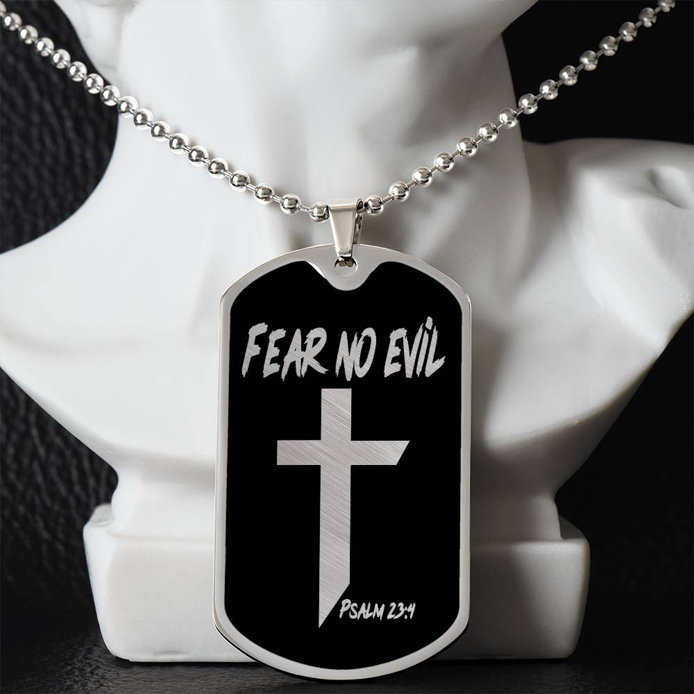 Fear No Evil Psalm 23.4 Necklace Dog Tag Stainless Steel or 18k Gold w 24" Chain-Express Your Love Gifts