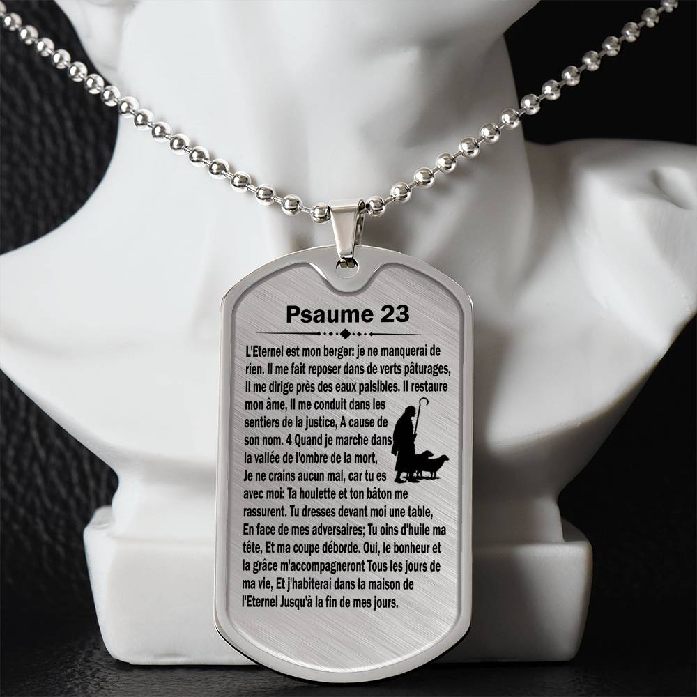 Psalm 23 French Psaume 23 Necklace Dog Tag Stainless Steel or 18k Gold w 24" Chain-Express Your Love Gifts