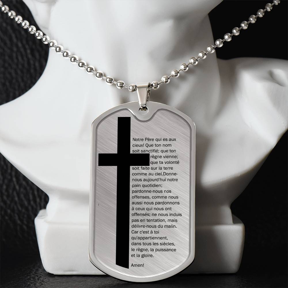 Lord's Prayer French Notre Père Necklace Dog Tag Stainless Steel or 18k Gold w 24" Chain-Express Your Love Gifts