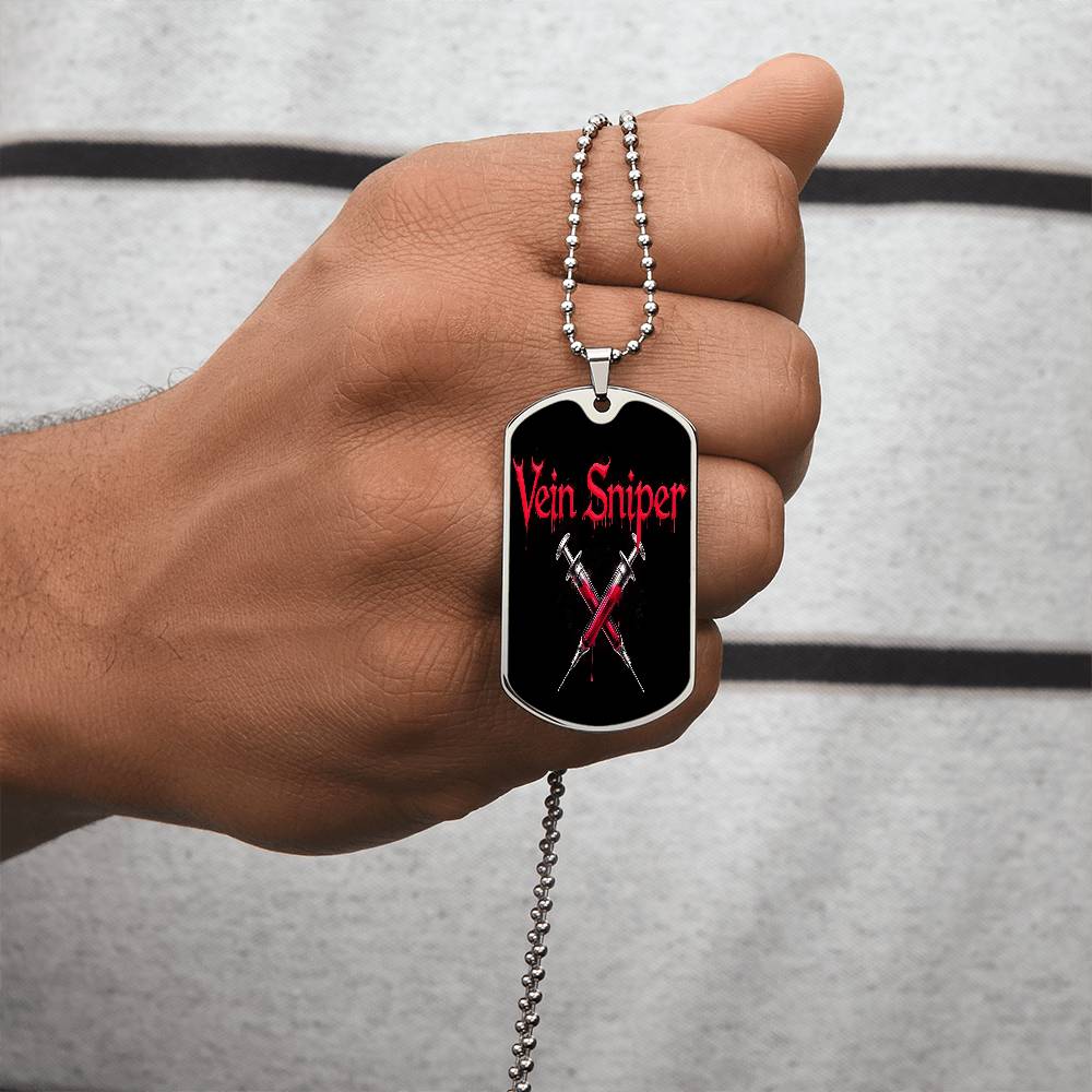 Vein Sniper Phlebotomist Necklace Stainless Steel or 18k Gold Dog Tag 24"-Express Your Love Gifts