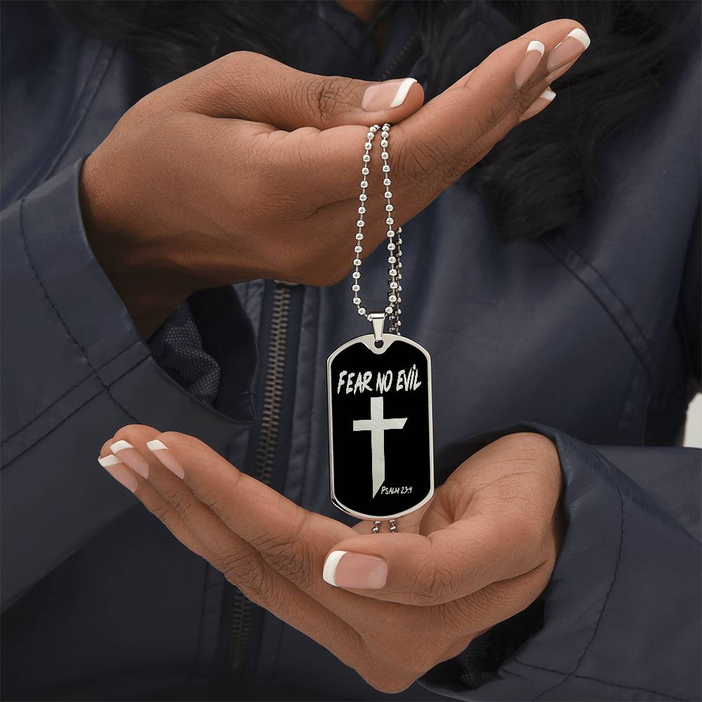 Fear No Evil Psalm 23.4 Necklace Dog Tag Stainless Steel or 18k Gold w 24" Chain-Express Your Love Gifts