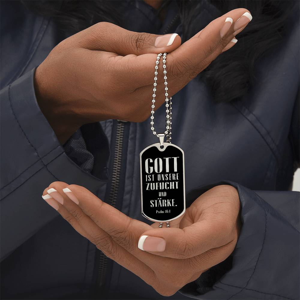 Psalm 46:10 God is Our Refuge and Strength Necklace Stainless Steel or 18k Gold Dog Tag 24" Chain-Express Your Love Gifts