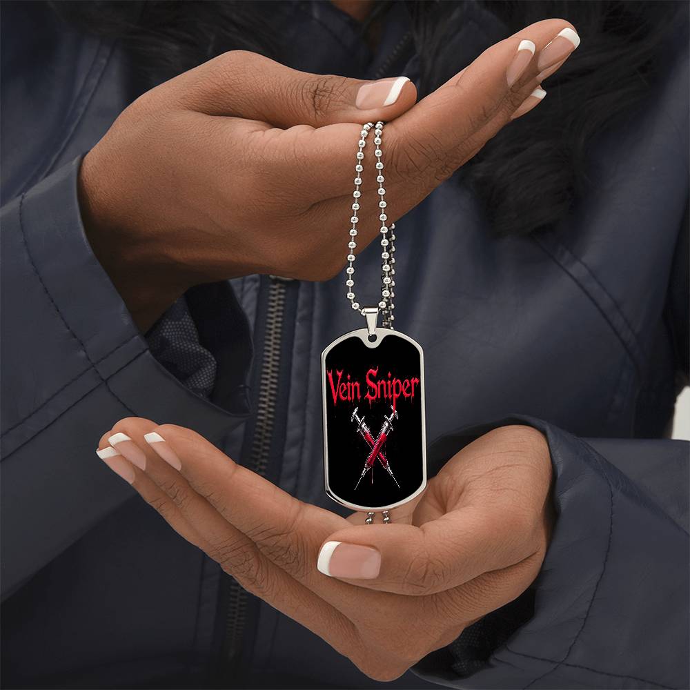 Vein Sniper Phlebotomist Necklace Stainless Steel or 18k Gold Dog Tag 24"-Express Your Love Gifts