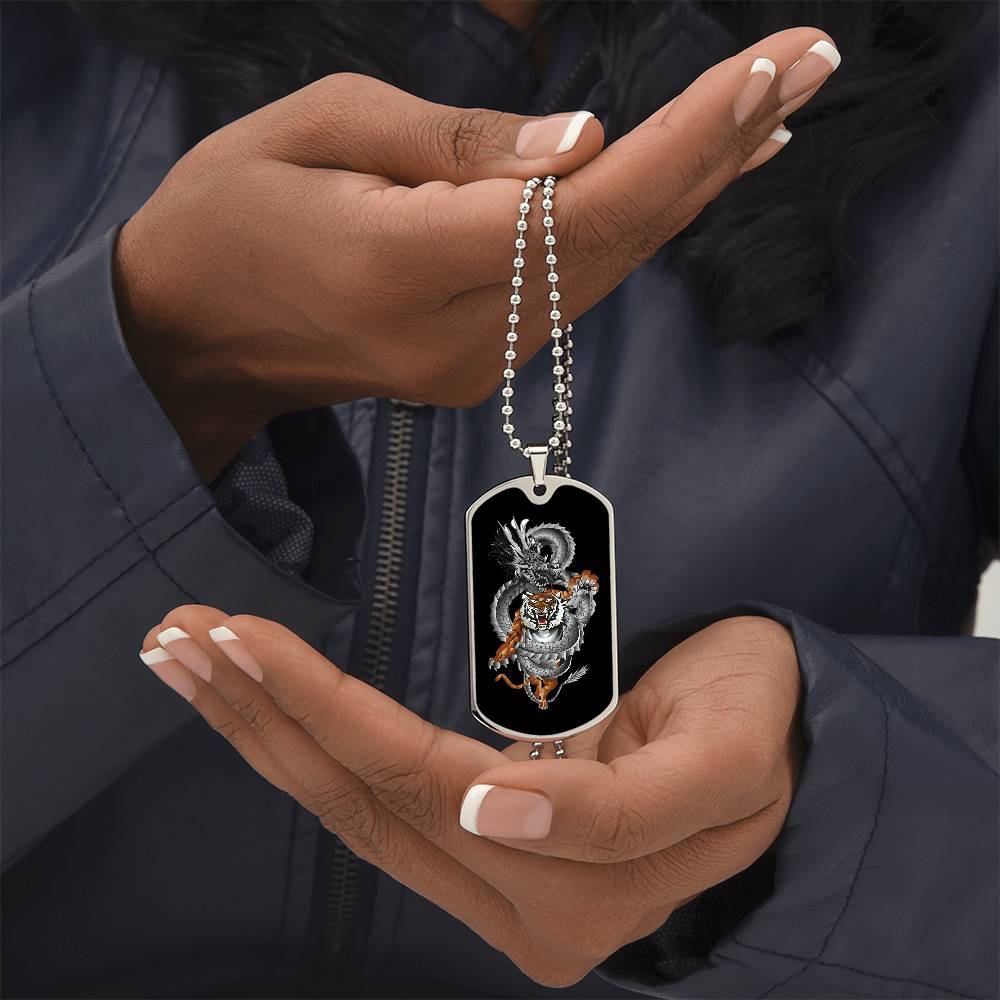 Tiger Dragon Yin Yang Necklace Dog Tag Stainless Steel or 18k Gold w 24" Chain-Express Your Love Gifts