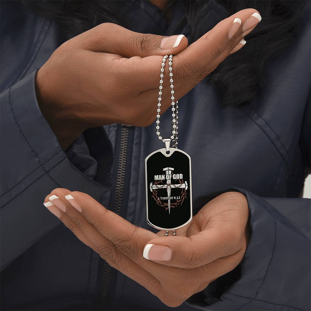 Man of God Cross Timothy Necklace Dog Tag Stainless Steel or 18k Gold w 24" Chain-Express Your Love Gifts