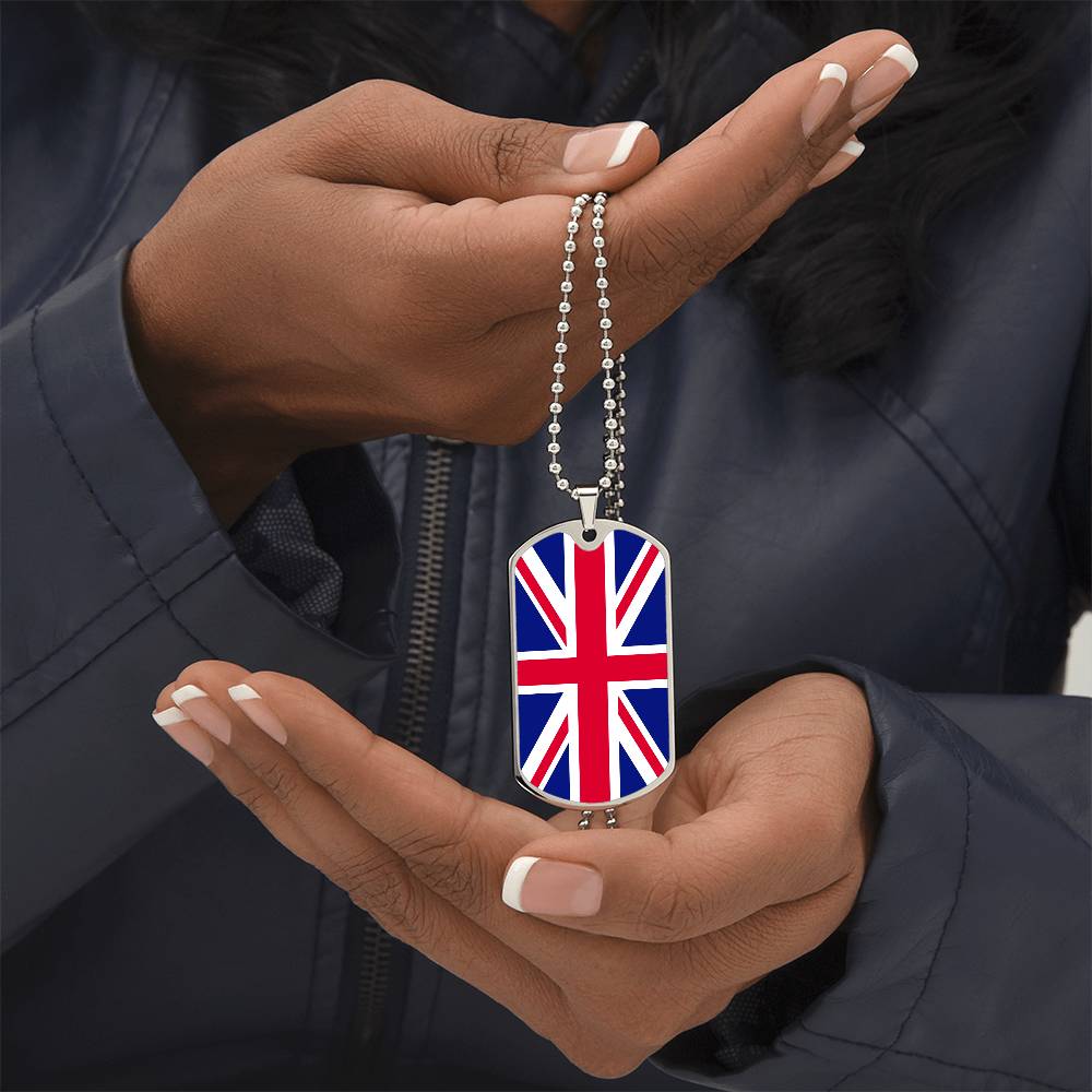 UK Flag Necklace Dog Tag Stainless Steel or 18k Gold 24" Chain-Express Your Love Gifts