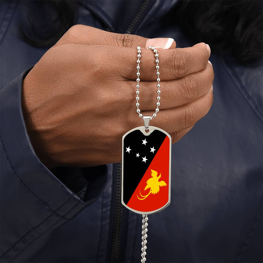 Papua New Guinea Flag Dog Tag Necklace Stainless Steel or 18k Gold Dog Tag 24"-Express Your Love Gifts