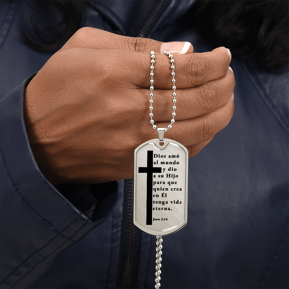 Juan 3:16 Spanish Necklace Stainless Steel or 18k Gold Dog Tag W 24"-Express Your Love Gifts