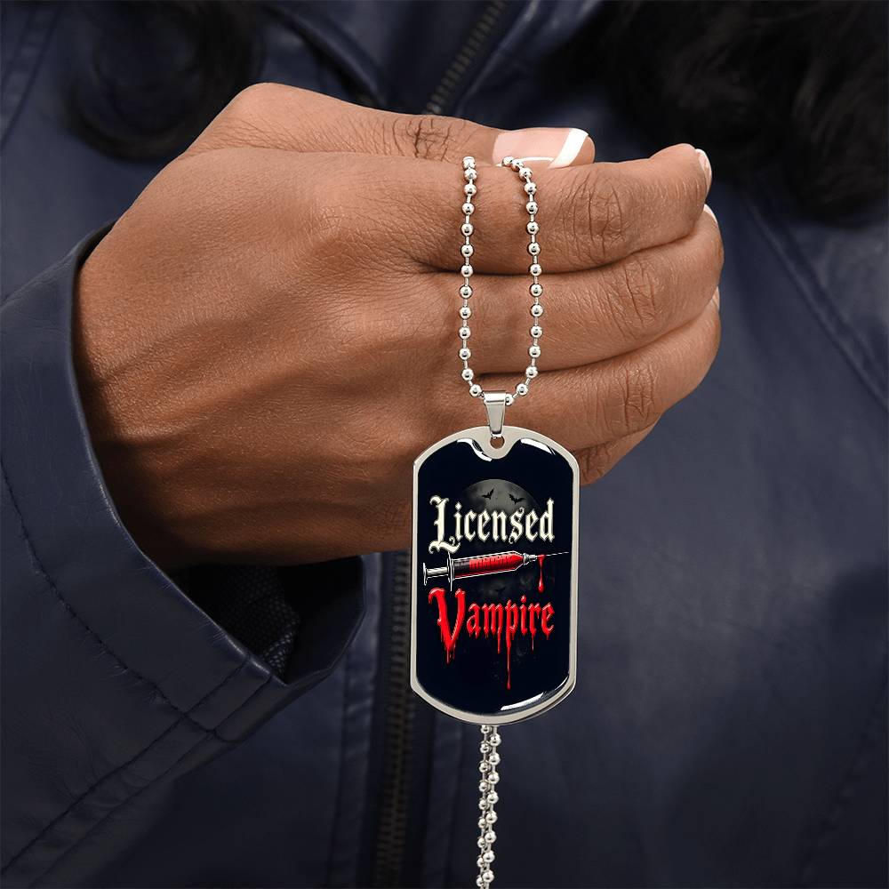 Licensed Vampire Phlebotomist Nurse Necklace Stainless Steel or 18k Gold Dog Tag 24"-Express Your Love Gifts