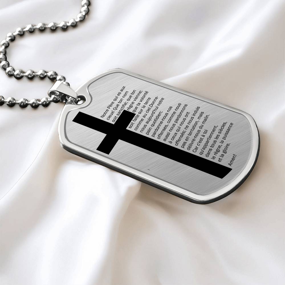 Lord's Prayer French Notre Père Necklace Dog Tag Stainless Steel or 18k Gold w 24" Chain-Express Your Love Gifts