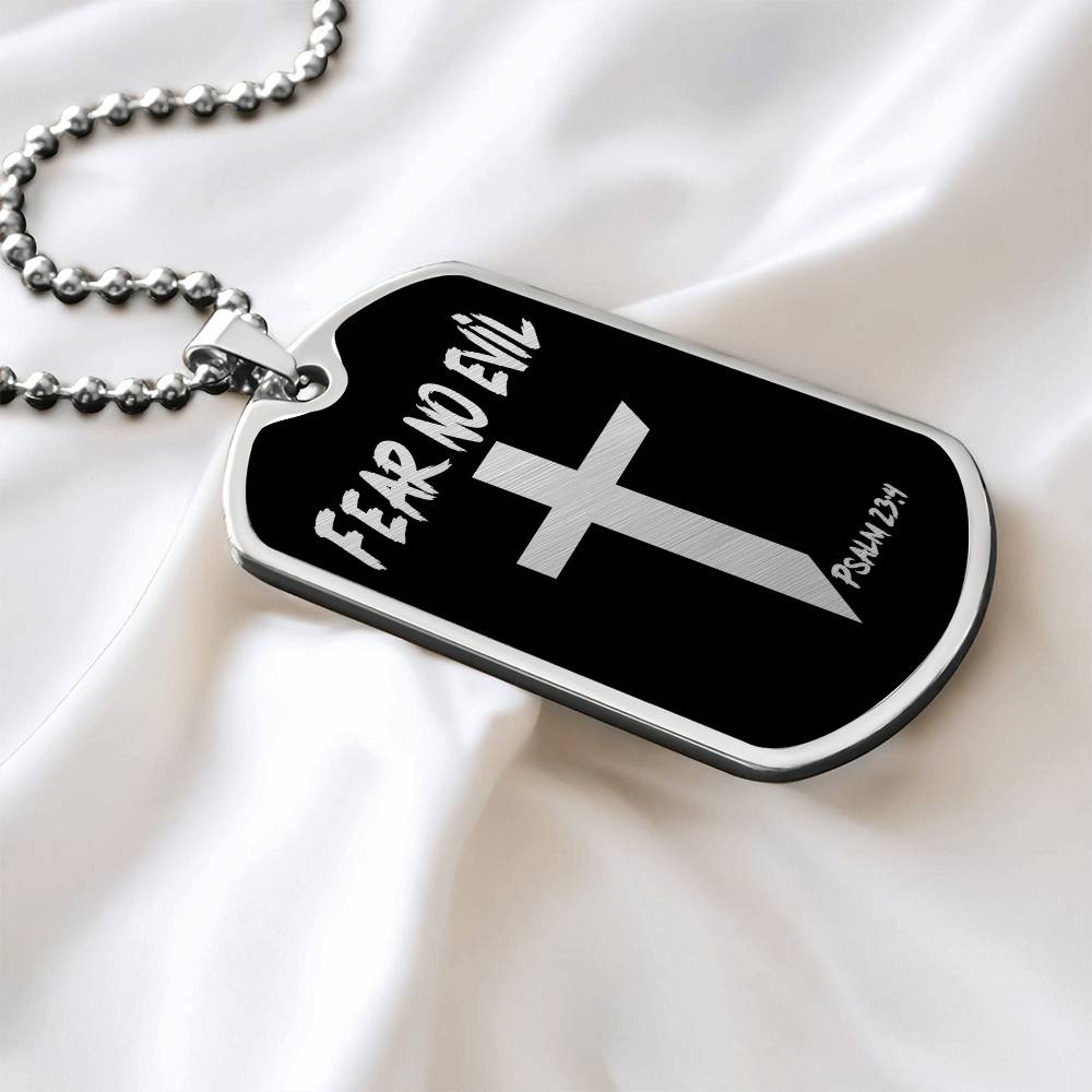 Fear No Evil Psalm 23.4 Necklace Dog Tag Stainless Steel or 18k Gold w 24" Chain-Express Your Love Gifts