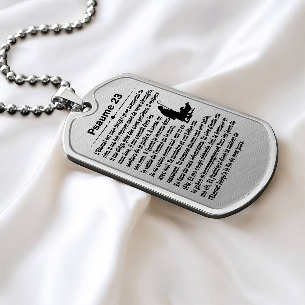 Psalm 23 French Psaume 23 Necklace Dog Tag Stainless Steel or 18k Gold w 24" Chain-Express Your Love Gifts
