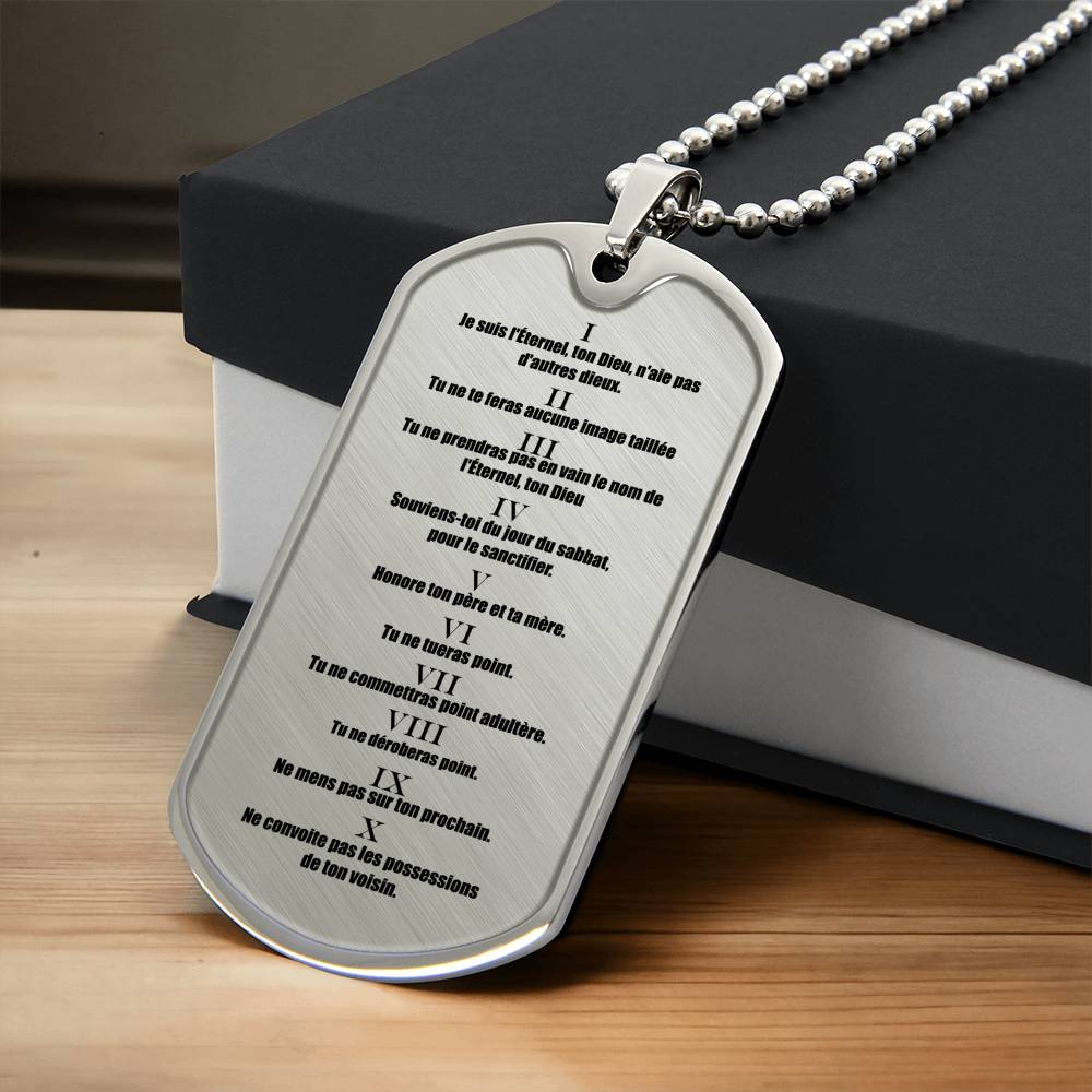 Ten Commandments French Necklace Dog Tag Stainless Steel or 18k Gold 24" Chain-Express Your Love Gifts