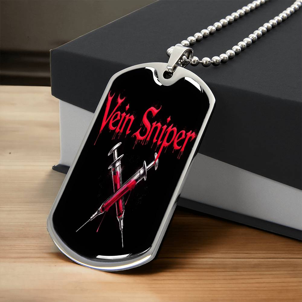 Vein Sniper Phlebotomist Necklace Stainless Steel or 18k Gold Dog Tag 24"-Express Your Love Gifts