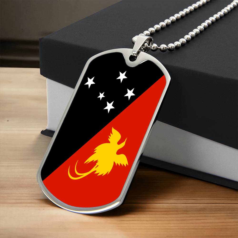 Papua New Guinea Flag Dog Tag Necklace Stainless Steel or 18k Gold Dog Tag 24"-Express Your Love Gifts