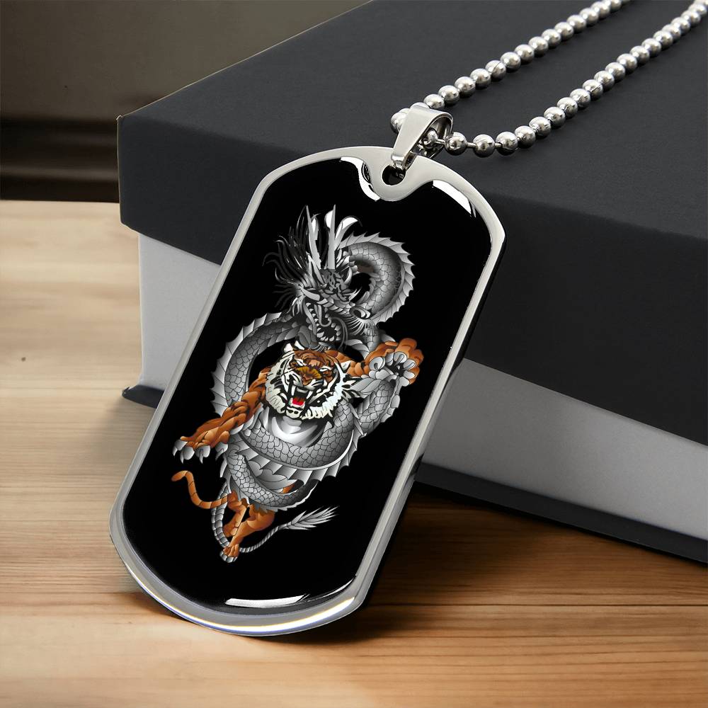 Tiger Dragon Yin Yang Necklace Dog Tag Stainless Steel or 18k Gold w 24" Chain-Express Your Love Gifts