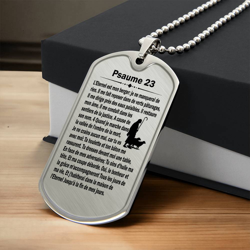 Psalm 23 French Psaume 23 Necklace Dog Tag Stainless Steel or 18k Gold w 24" Chain-Express Your Love Gifts