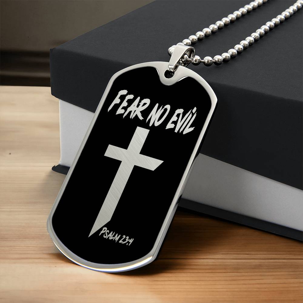 Fear No Evil Psalm 23.4 Necklace Dog Tag Stainless Steel or 18k Gold w 24" Chain-Express Your Love Gifts