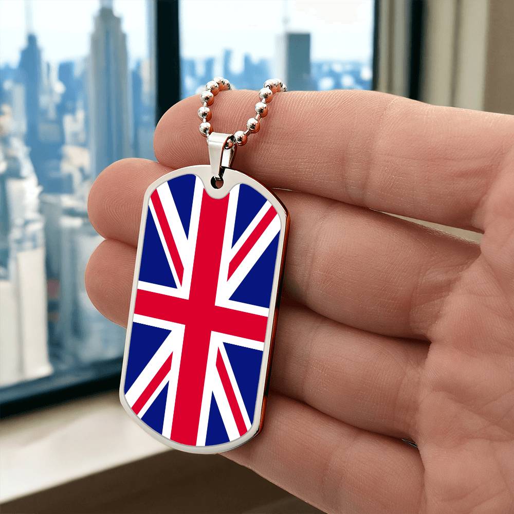 UK Flag Necklace Dog Tag Stainless Steel or 18k Gold 24" Chain-Express Your Love Gifts