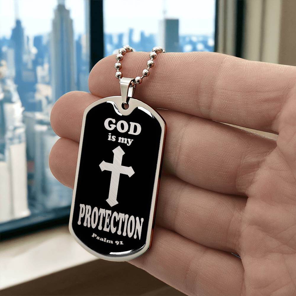 God is My Protection Psalm 91 Necklace Dog Tag Stainless Steel or 18k Gold w 24" Chain-Express Your Love Gifts