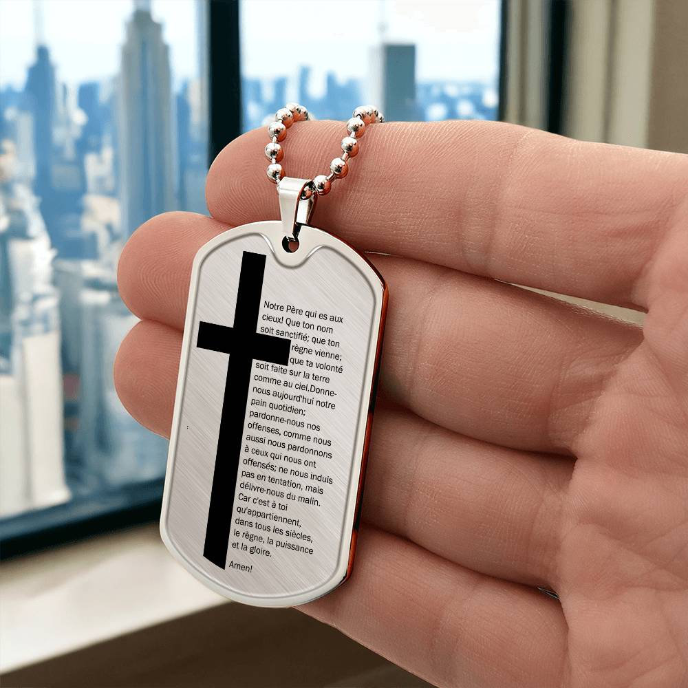 Lord's Prayer French Notre Père Necklace Dog Tag Stainless Steel or 18k Gold w 24" Chain-Express Your Love Gifts