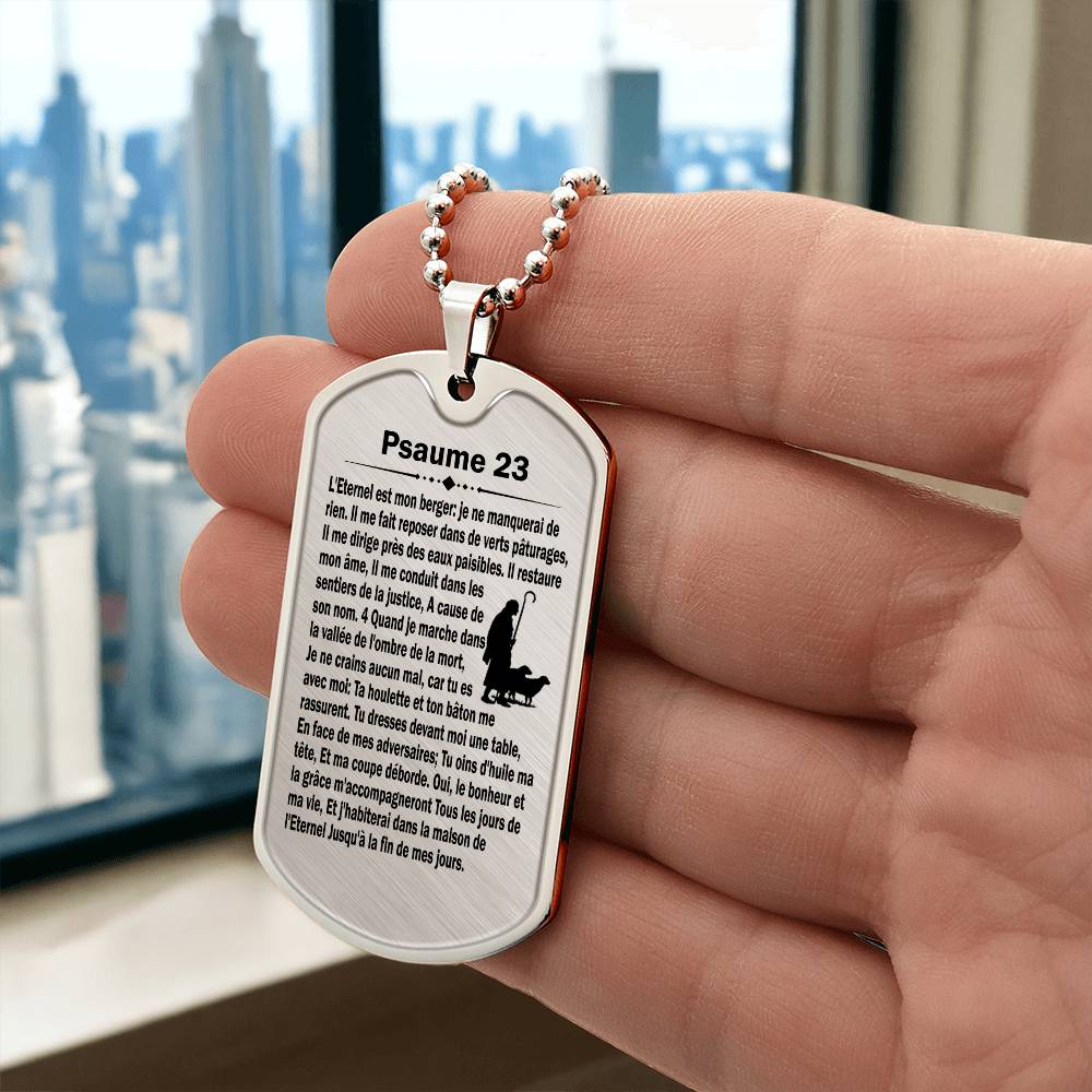 Psalm 23 French Psaume 23 Necklace Dog Tag Stainless Steel or 18k Gold w 24" Chain-Express Your Love Gifts