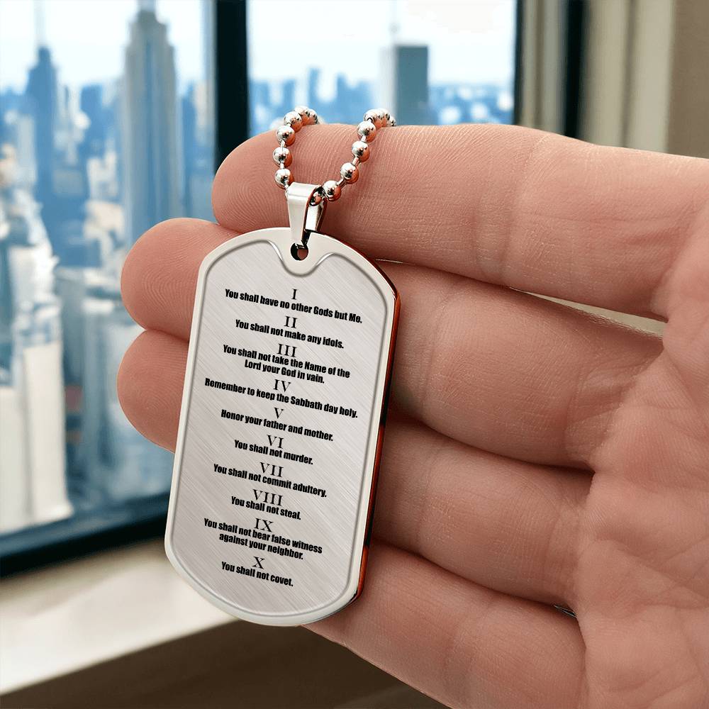 Ten Commandments English Necklace Dog Tag Stainless Steel or 18k Gold w 24" Chain-Express Your Love Gifts