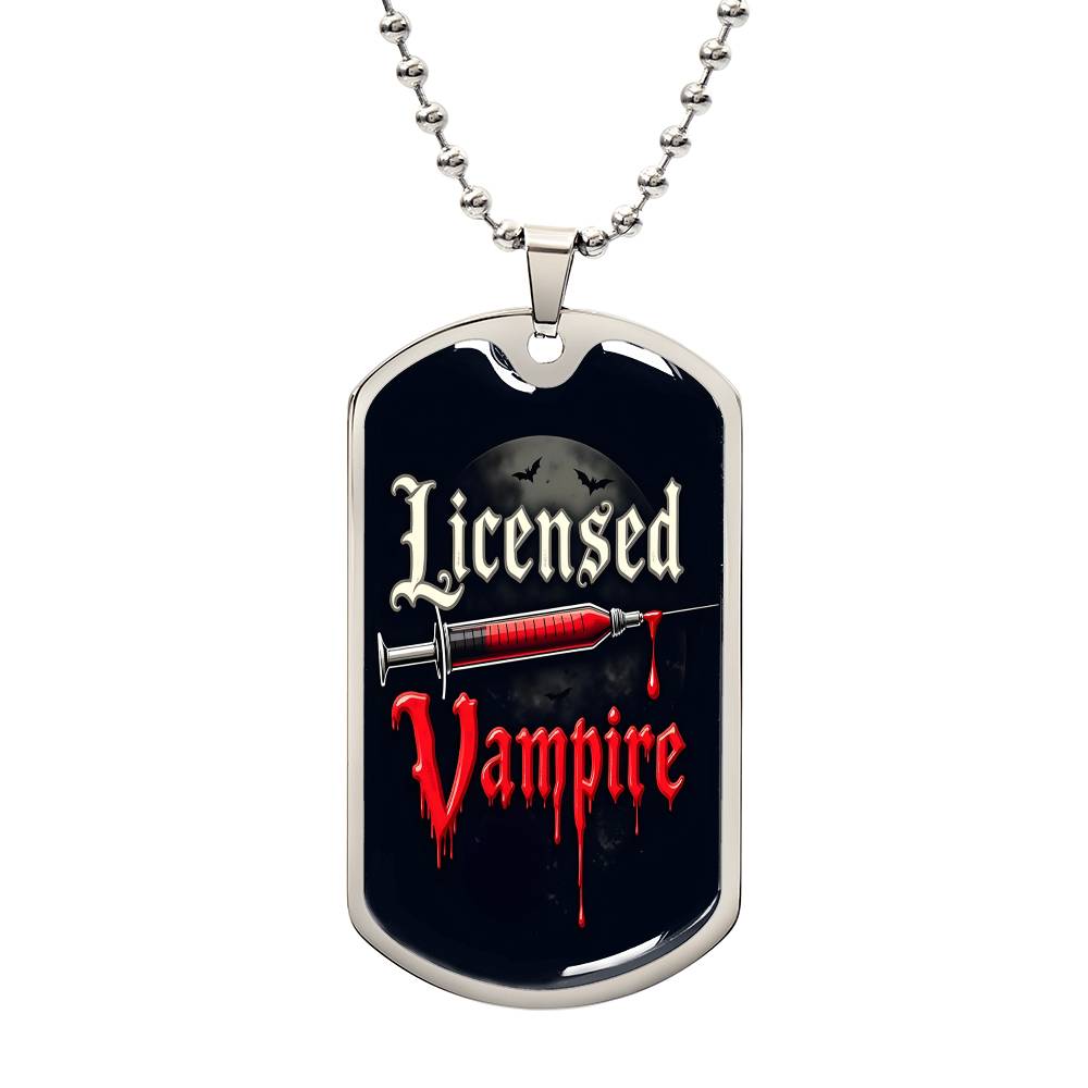 Licensed Vampire Phlebotomist Nurse Necklace Stainless Steel or 18k Gold Dog Tag 24"-Express Your Love Gifts