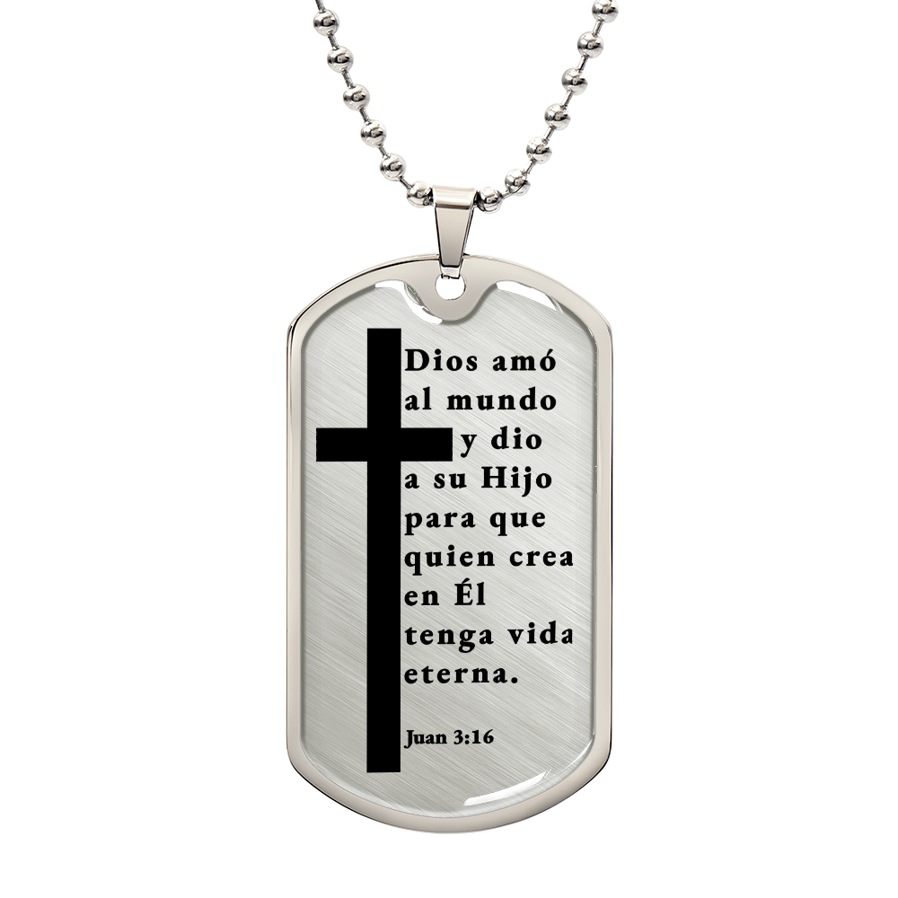 Juan 3:16 Spanish Necklace Stainless Steel or 18k Gold Dog Tag W 24"-Express Your Love Gifts