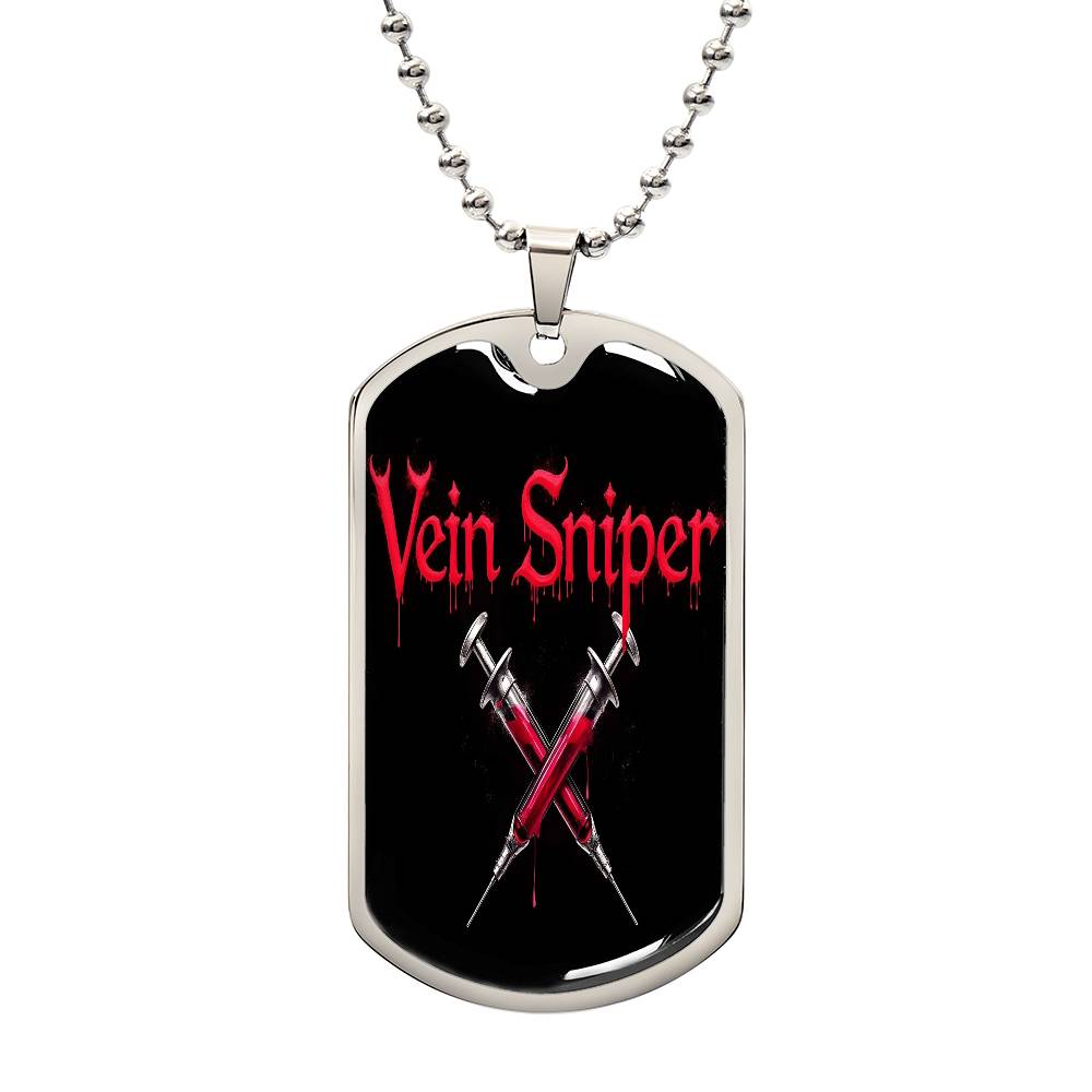 Vein Sniper Phlebotomist Necklace Stainless Steel or 18k Gold Dog Tag 24"-Express Your Love Gifts
