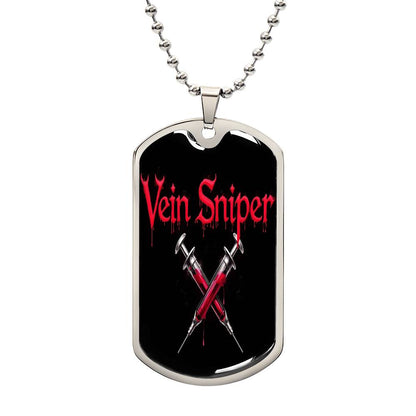Vein Sniper Phlebotomist Necklace Stainless Steel or 18k Gold Dog Tag 24"-Express Your Love Gifts
