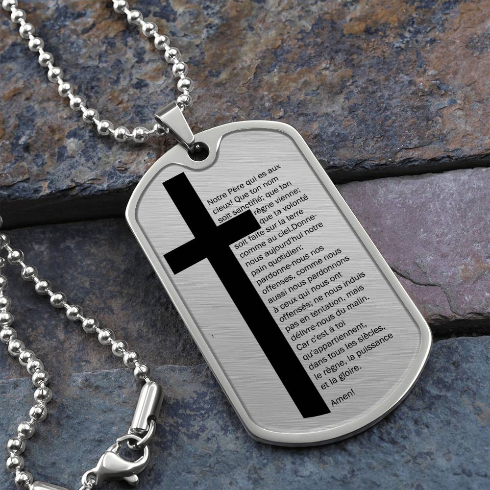 Lord's Prayer French Notre Père Necklace Dog Tag Stainless Steel or 18k Gold w 24" Chain-Express Your Love Gifts