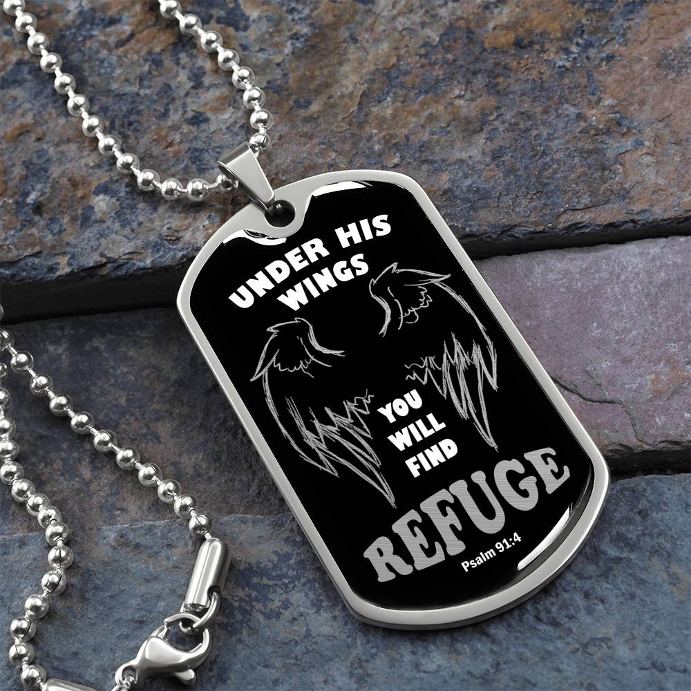 Psalm 91 Refuge Under His Wings Necklace Dog Tag Stainless Steel or 18k Gold w 24" Chain-Express Your Love Gifts
