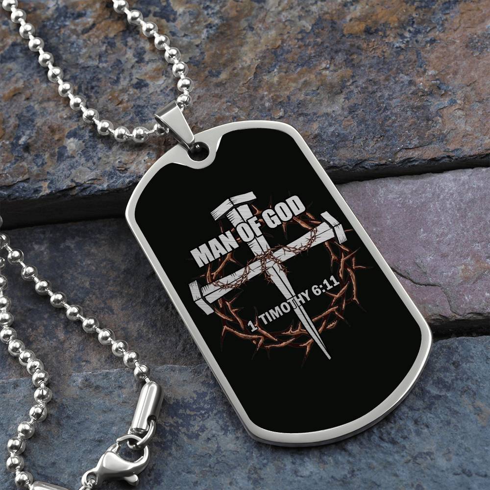 Man of God Cross Timothy Necklace Dog Tag Stainless Steel or 18k Gold w 24" Chain-Express Your Love Gifts