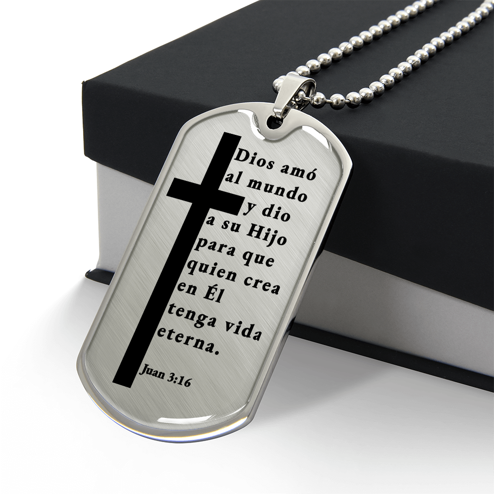 Juan 3:16 Spanish Necklace Stainless Steel or 18k Gold Dog Tag W 24"-Express Your Love Gifts