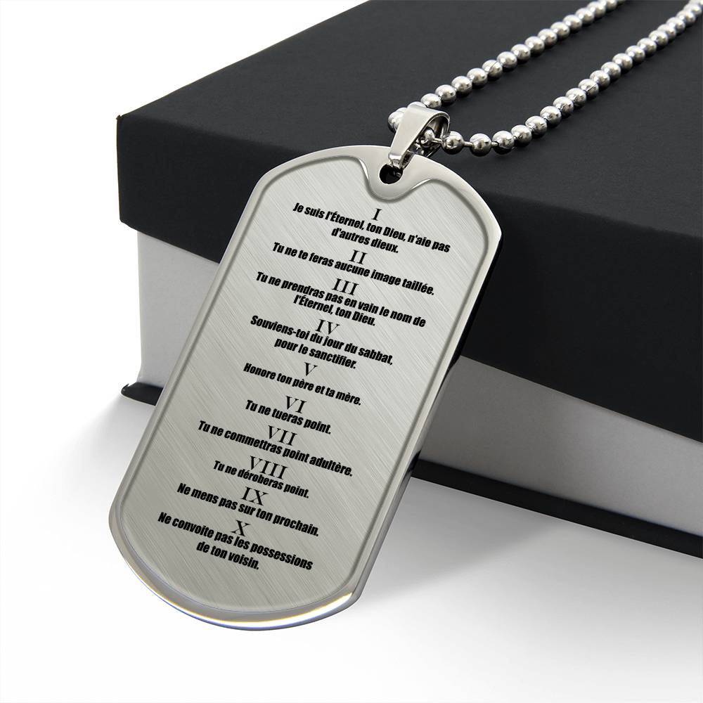 Ten Commandments French Dix Commandements Necklace Dog Tag Stainless Steel or 18k Gold w 24" Chain-Express Your Love Gifts