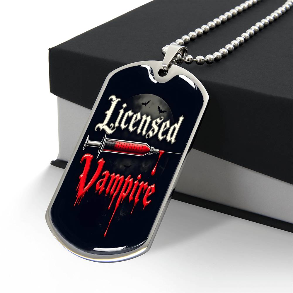 Licensed Vampire Phlebotomist Nurse Necklace Stainless Steel or 18k Gold Dog Tag 24"-Express Your Love Gifts