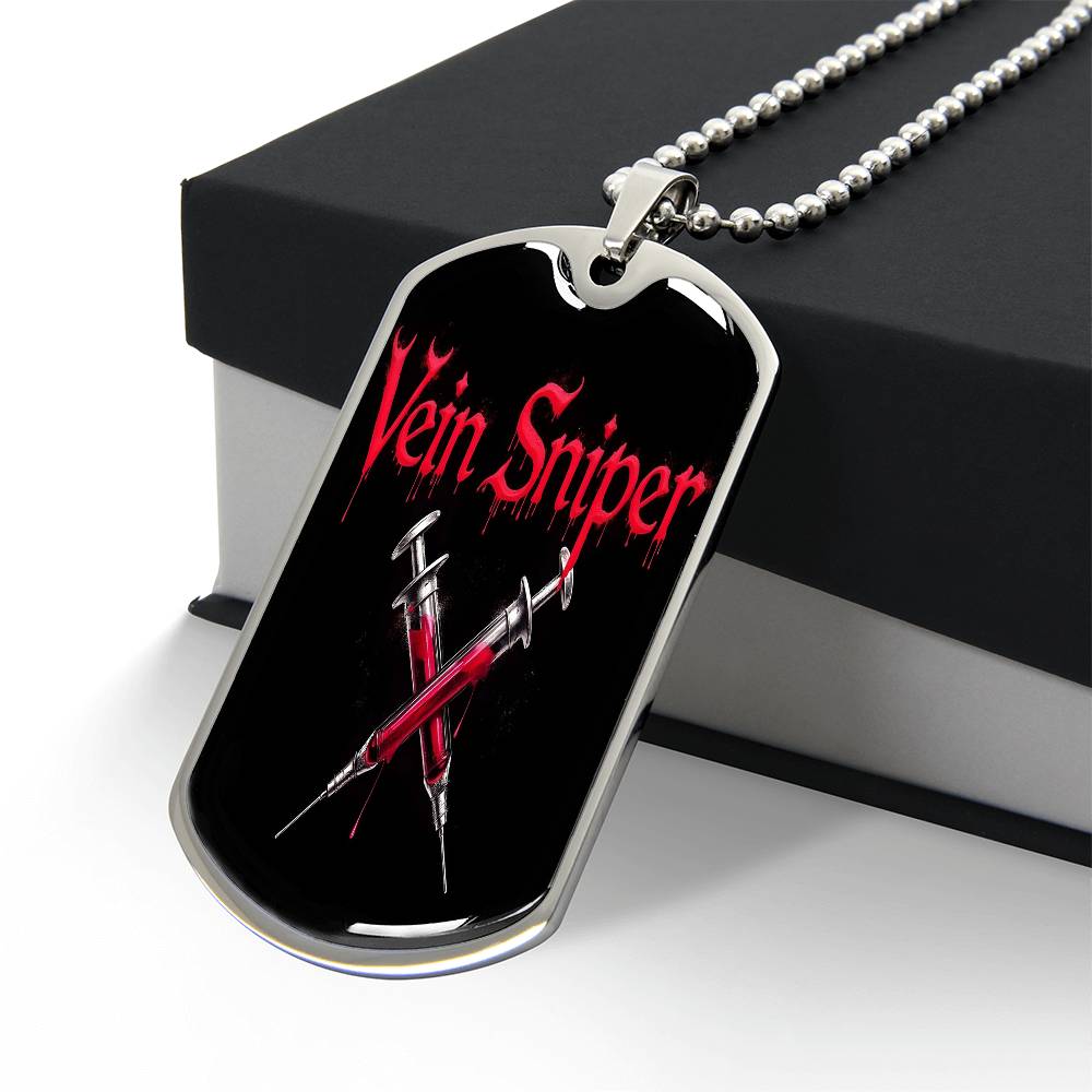 Vein Sniper Phlebotomist Necklace Stainless Steel or 18k Gold Dog Tag 24"-Express Your Love Gifts