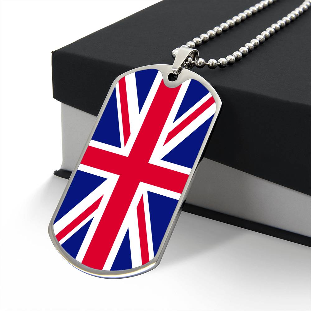 UK Flag Necklace Dog Tag Stainless Steel or 18k Gold 24" Chain-Express Your Love Gifts