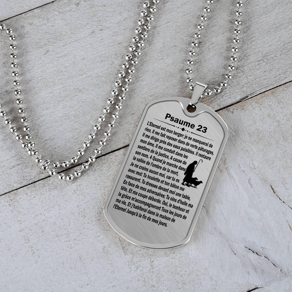 Psalm 23 French Psaume 23 Necklace Dog Tag Stainless Steel or 18k Gold w 24" Chain-Express Your Love Gifts