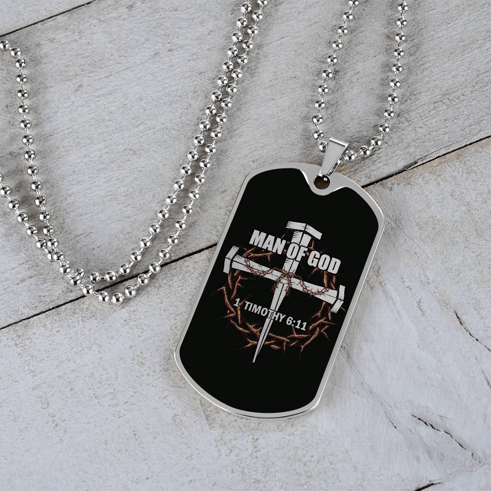 Man of God Cross Timothy Necklace Dog Tag Stainless Steel or 18k Gold w 24" Chain-Express Your Love Gifts