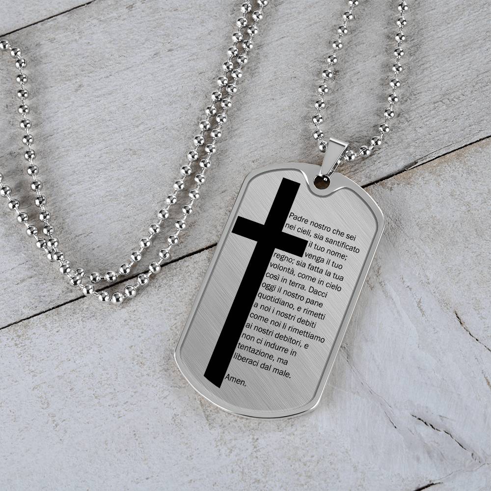 Lord's Prayer Italian Padre Nostro Necklace Dog Tag Stainless Steel or 18k Gold w 24" Chain-Express Your Love Gifts