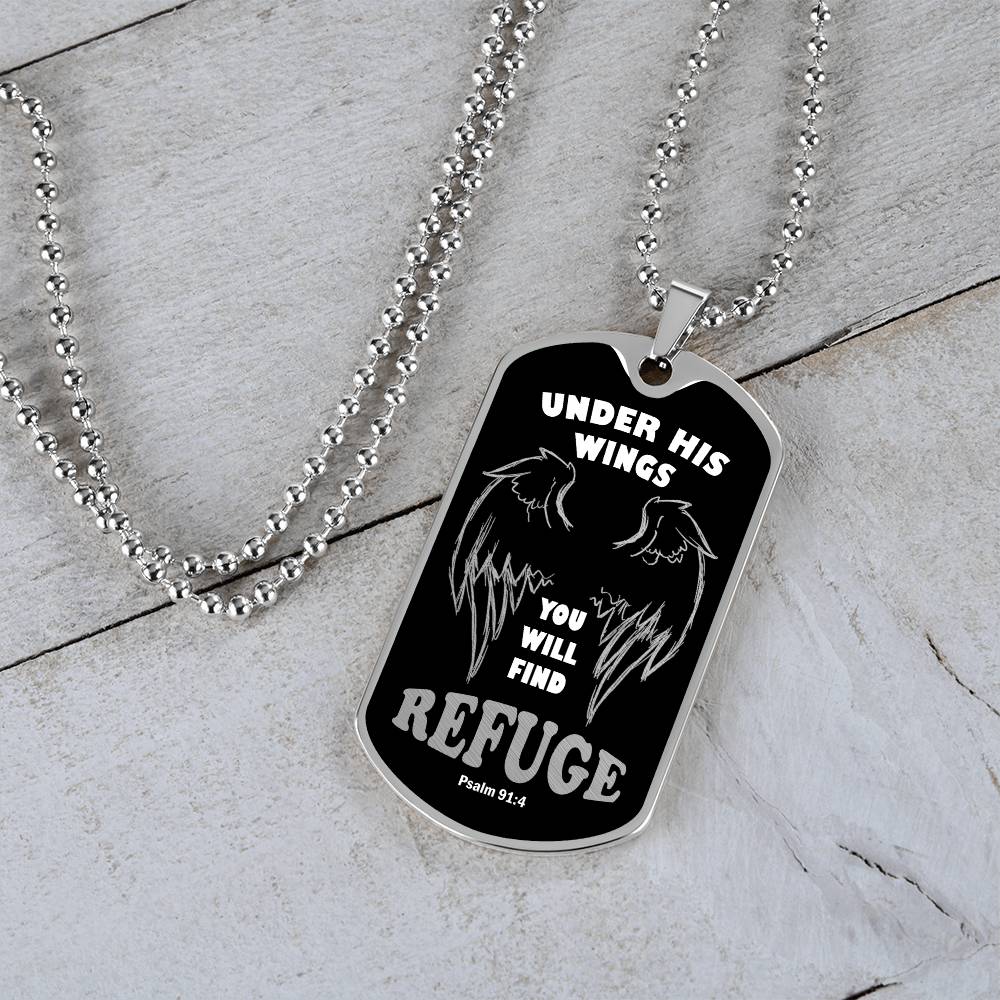 Psalm 91 Refuge Under His Wings Necklace Dog Tag Stainless Steel or 18k Gold w 24" Chain-Express Your Love Gifts