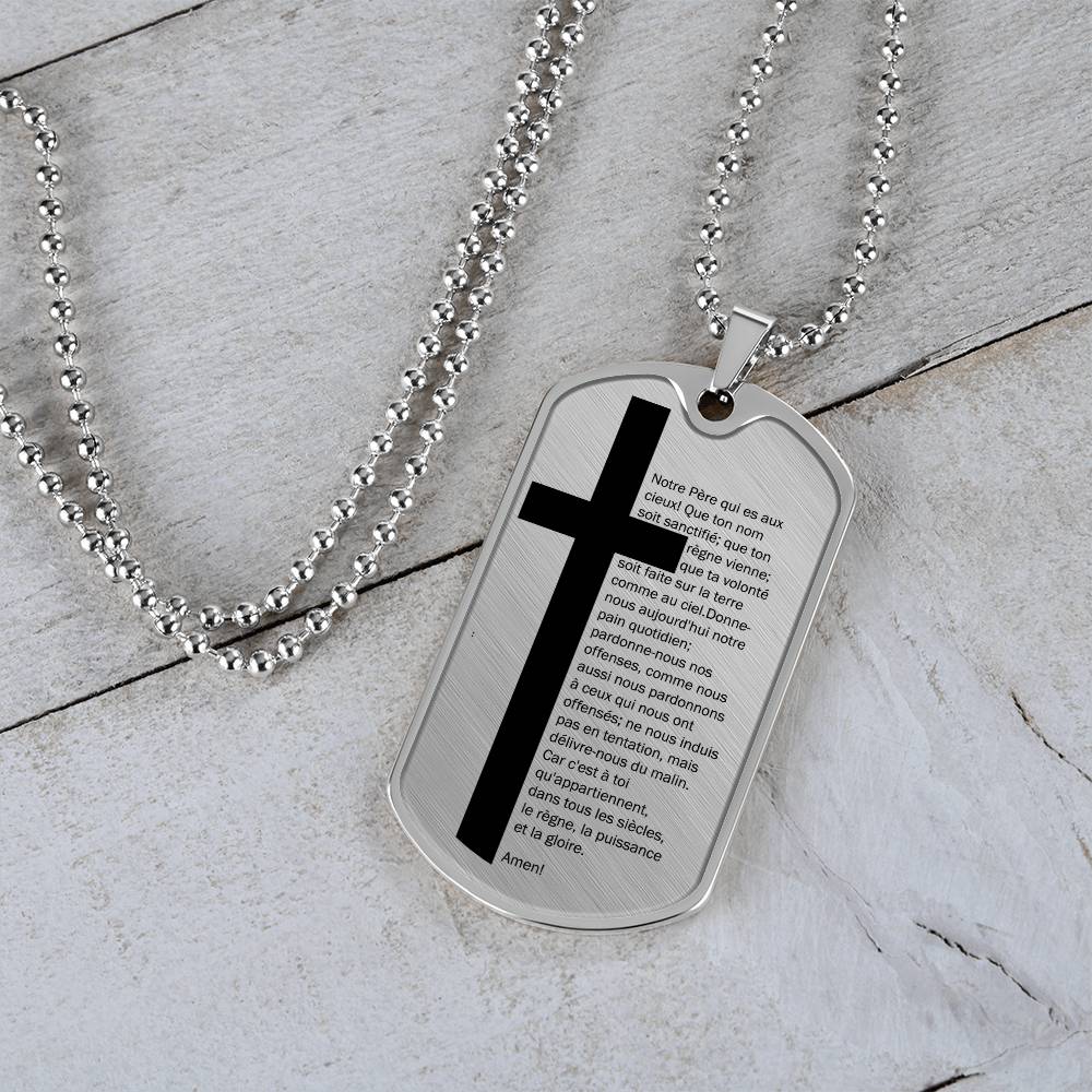 Lord's Prayer French Notre Père Necklace Dog Tag Stainless Steel or 18k Gold w 24" Chain-Express Your Love Gifts