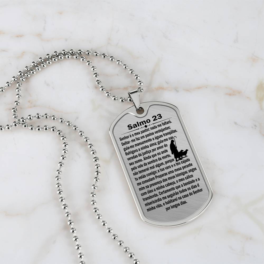 Psalm 23 Portuguese Salmo 23 Necklace Dog Tag Stainless Steel or 18k Gold w 24" Chain-Express Your Love Gifts