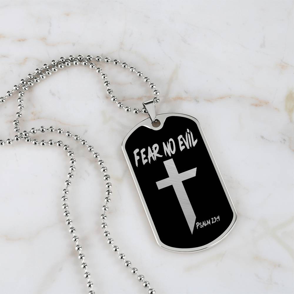 Fear No Evil Psalm 23.4 Necklace Dog Tag Stainless Steel or 18k Gold w 24" Chain-Express Your Love Gifts