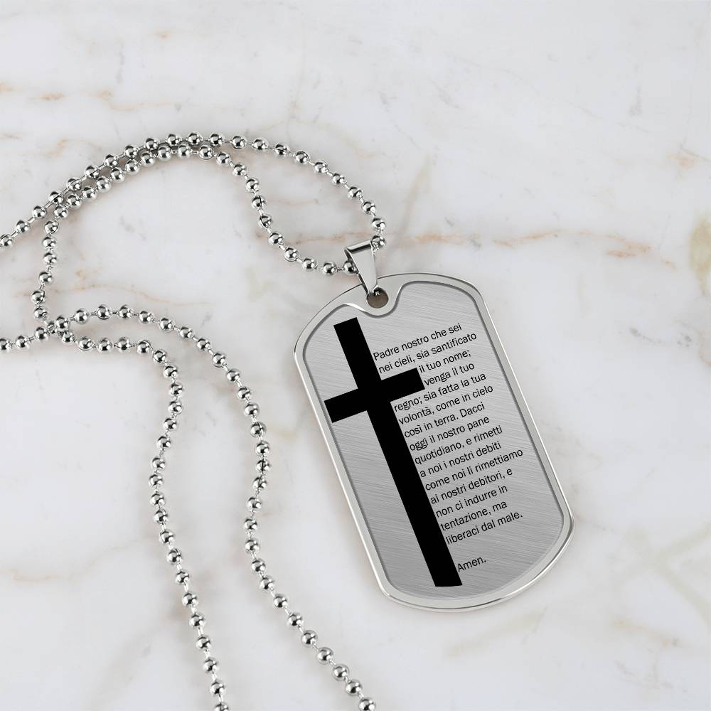 Lord's Prayer Italian Padre Nostro Necklace Dog Tag Stainless Steel or 18k Gold w 24" Chain-Express Your Love Gifts