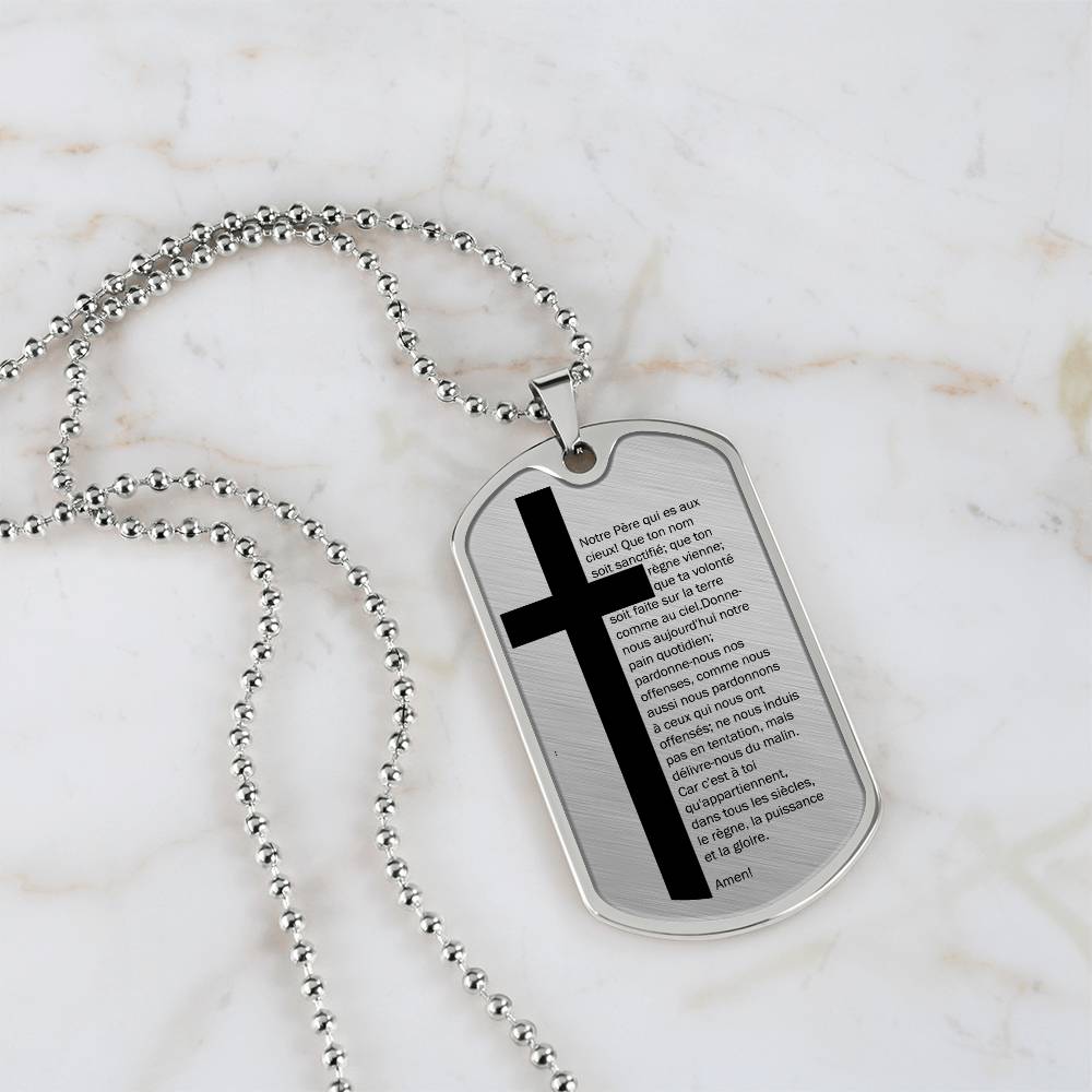 Lord's Prayer French Notre Père Necklace Dog Tag Stainless Steel or 18k Gold w 24" Chain-Express Your Love Gifts