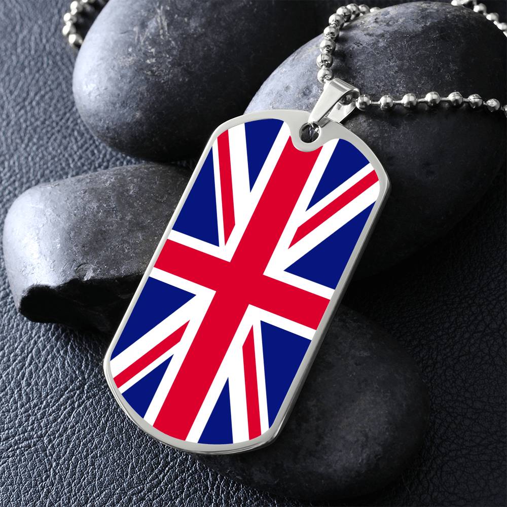 UK Flag Necklace Dog Tag Stainless Steel or 18k Gold 24" Chain-Express Your Love Gifts
